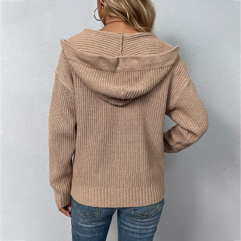 Drizzle Solid Color Hooded Zipper European and American Knitwear Autumn and Winter New Drawstring Pocket Sweater Women's Cardigan Jacket