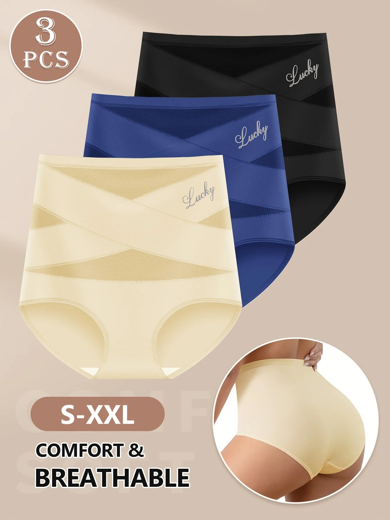 3 件装 Meiyating High Waisted Shapewear Panties for Women, Cross Band, Tummy Control, Knitted Polyester Underwear, Breathable