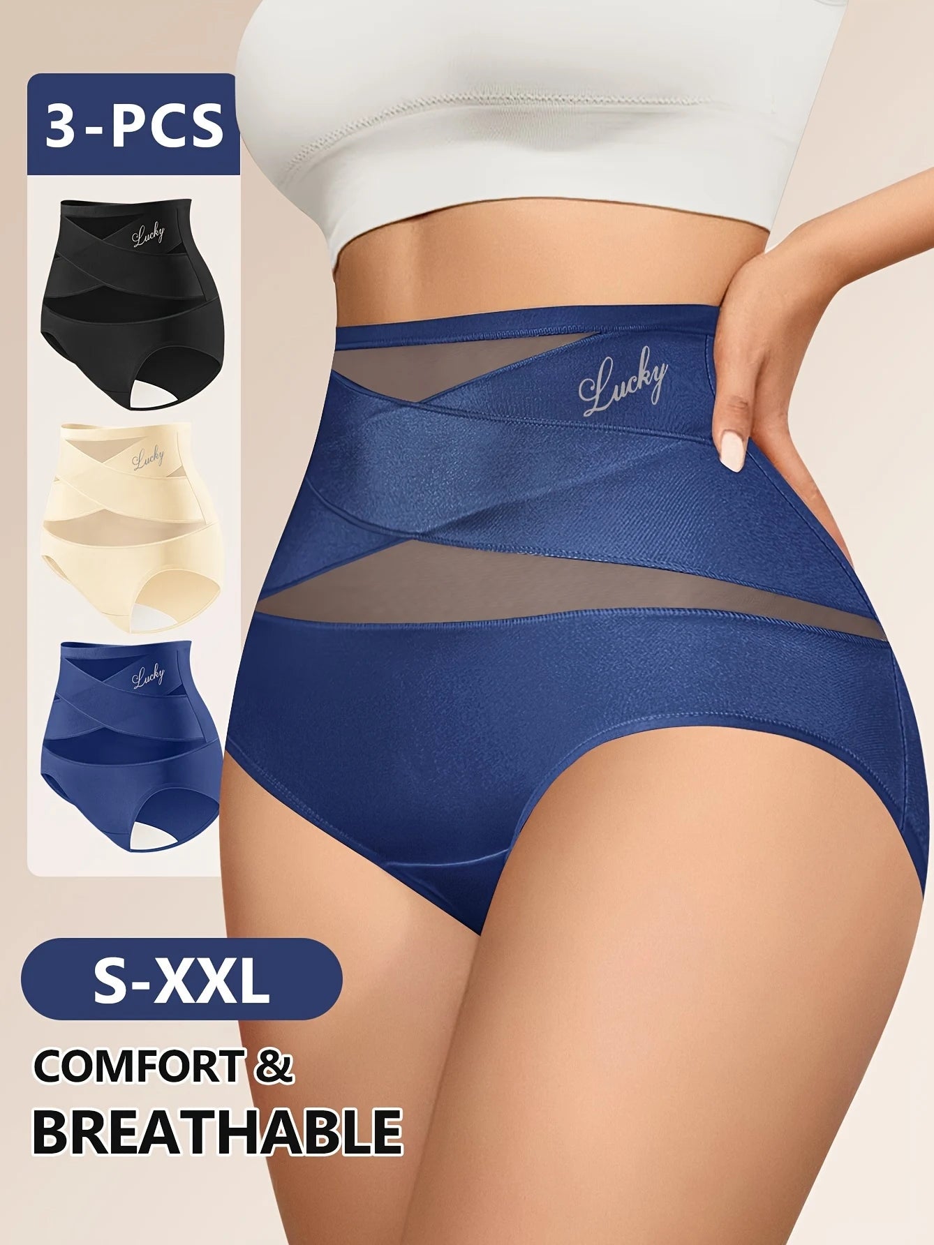 3 件装 Meiyating High Waisted Shapewear Panties for Women, Cross Band, Tummy Control, Knitted Polyester Underwear, Breathable